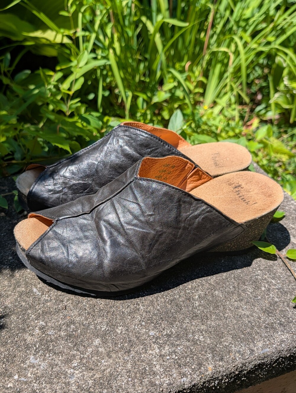 Think! Black Leather Clogs Cork Heel Platform Shoes Women Size EU 41.5